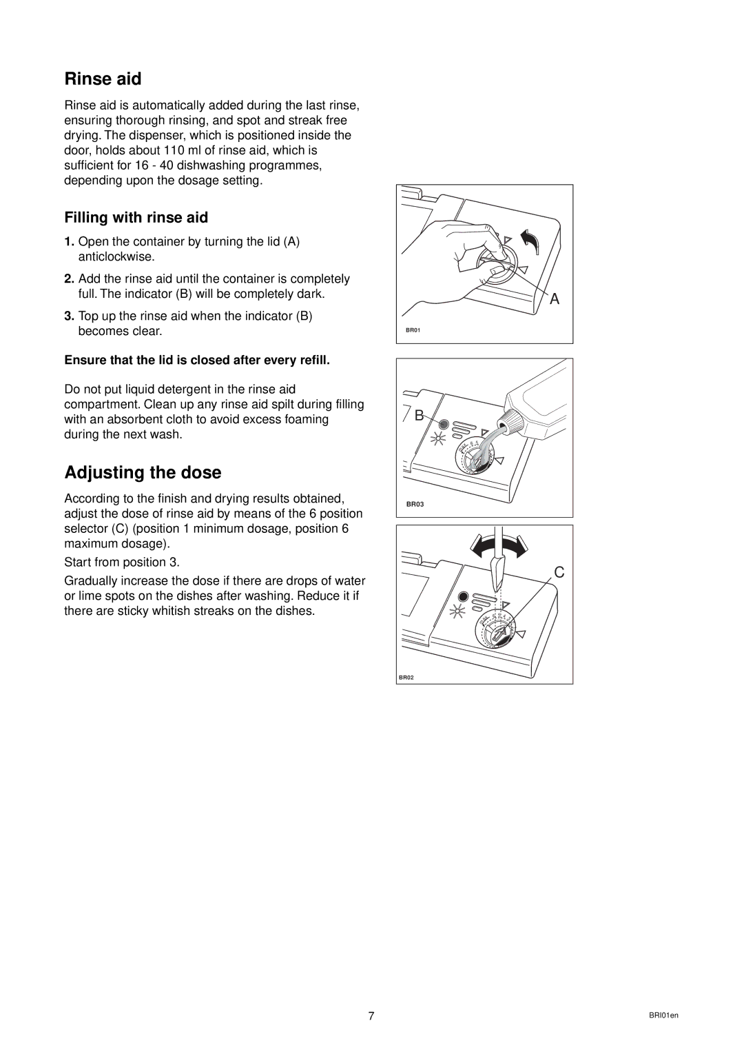 Zanussi ZD 684 manual Rinse aid, Adjusting the dose, Ensure that the lid is closed after every refill 