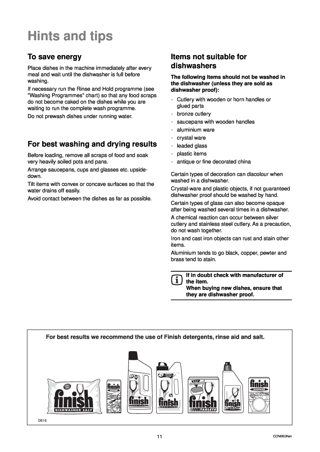 Zanussi ZD 684 Hints and tips, To save energy, For best washing and drying results, Items not suitable for dishwashers 