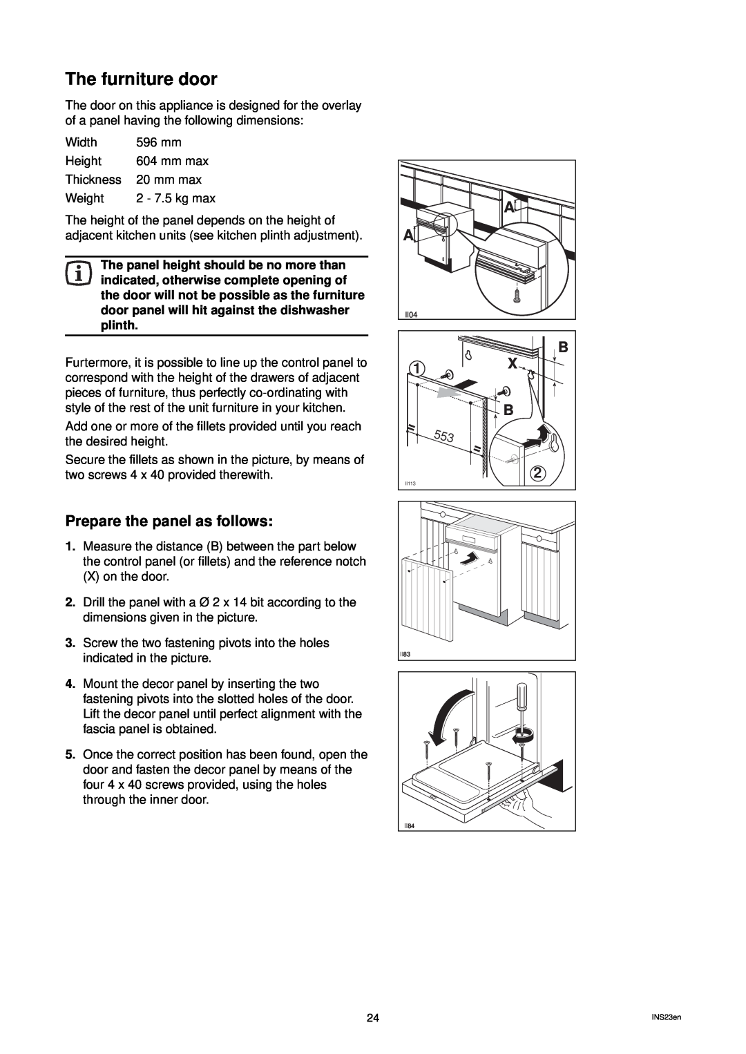 Zanussi ZD 684 manual The furniture door, Prepare the panel as follows 