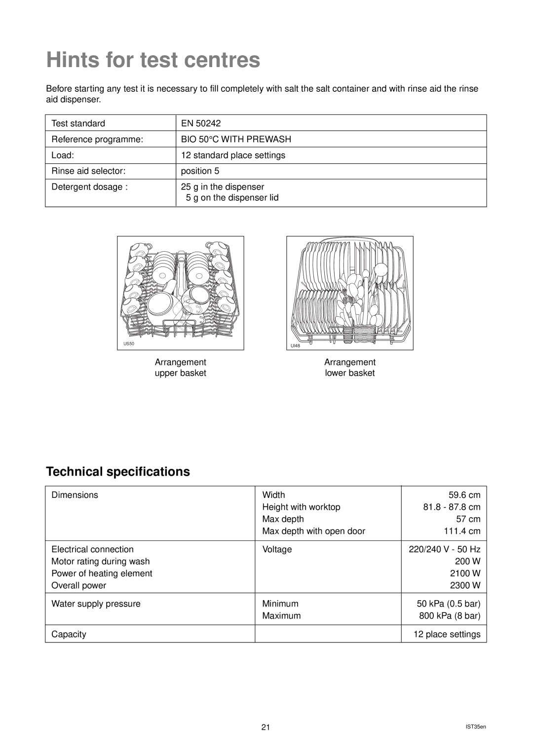 Zanussi ZD 686 manual Hints for test centres, Technical specifications 