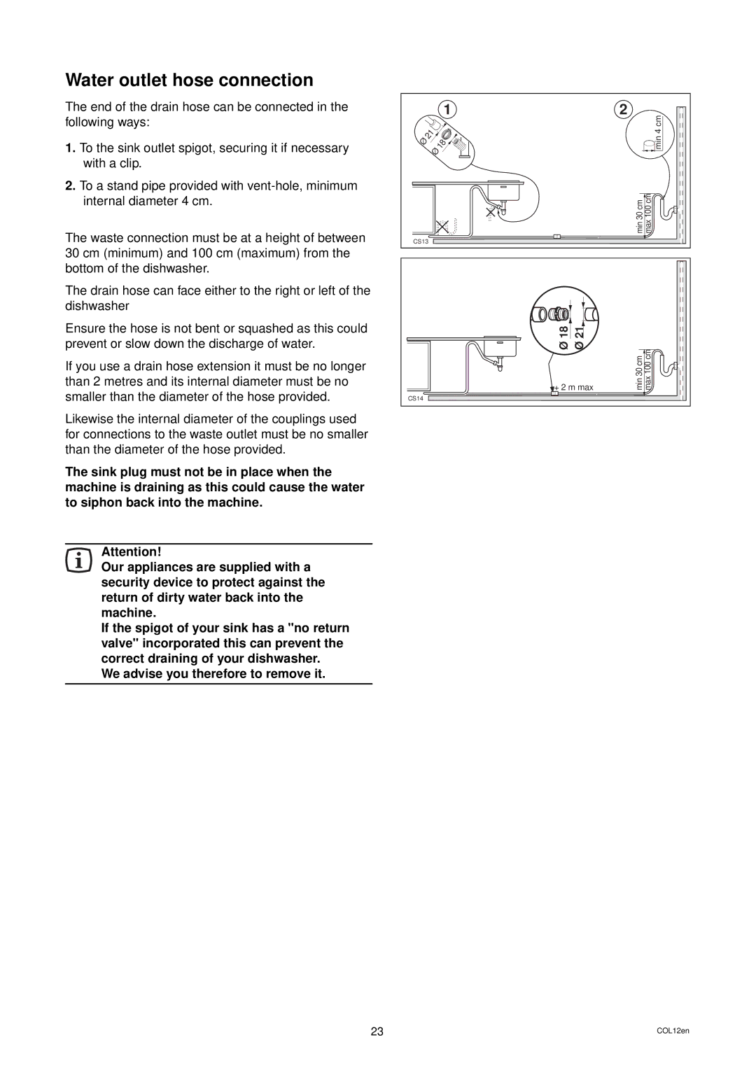 Zanussi ZD 686 manual Water outlet hose connection 