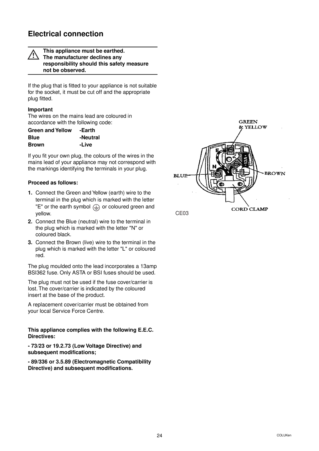 Zanussi ZD 686 manual Electrical connection, Green and Yellow -Earth Blue-Neutral Brown-Live, Proceed as follows 