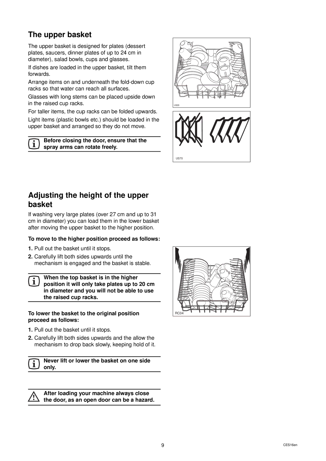 Zanussi ZD 686 Upper basket, Adjusting the height of the upper basket, To move to the higher position proceed as follows 