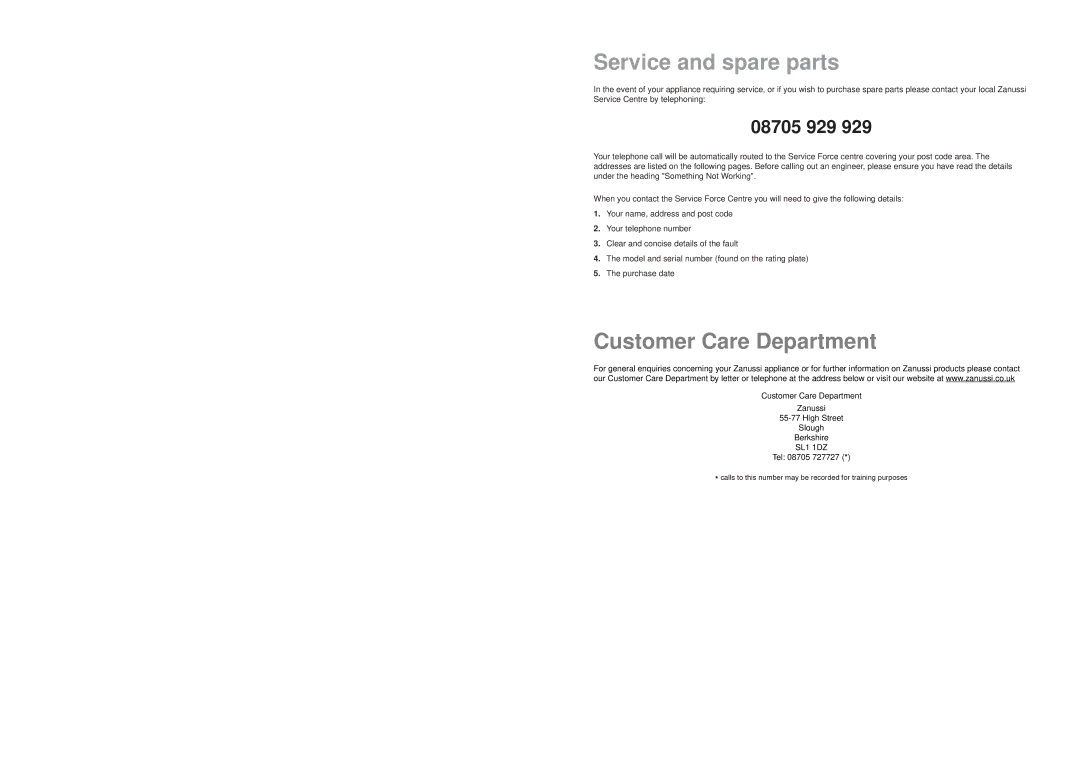 Zanussi ZD 694 X manual Service and spare parts, Customer Care Department, Tel 08705 