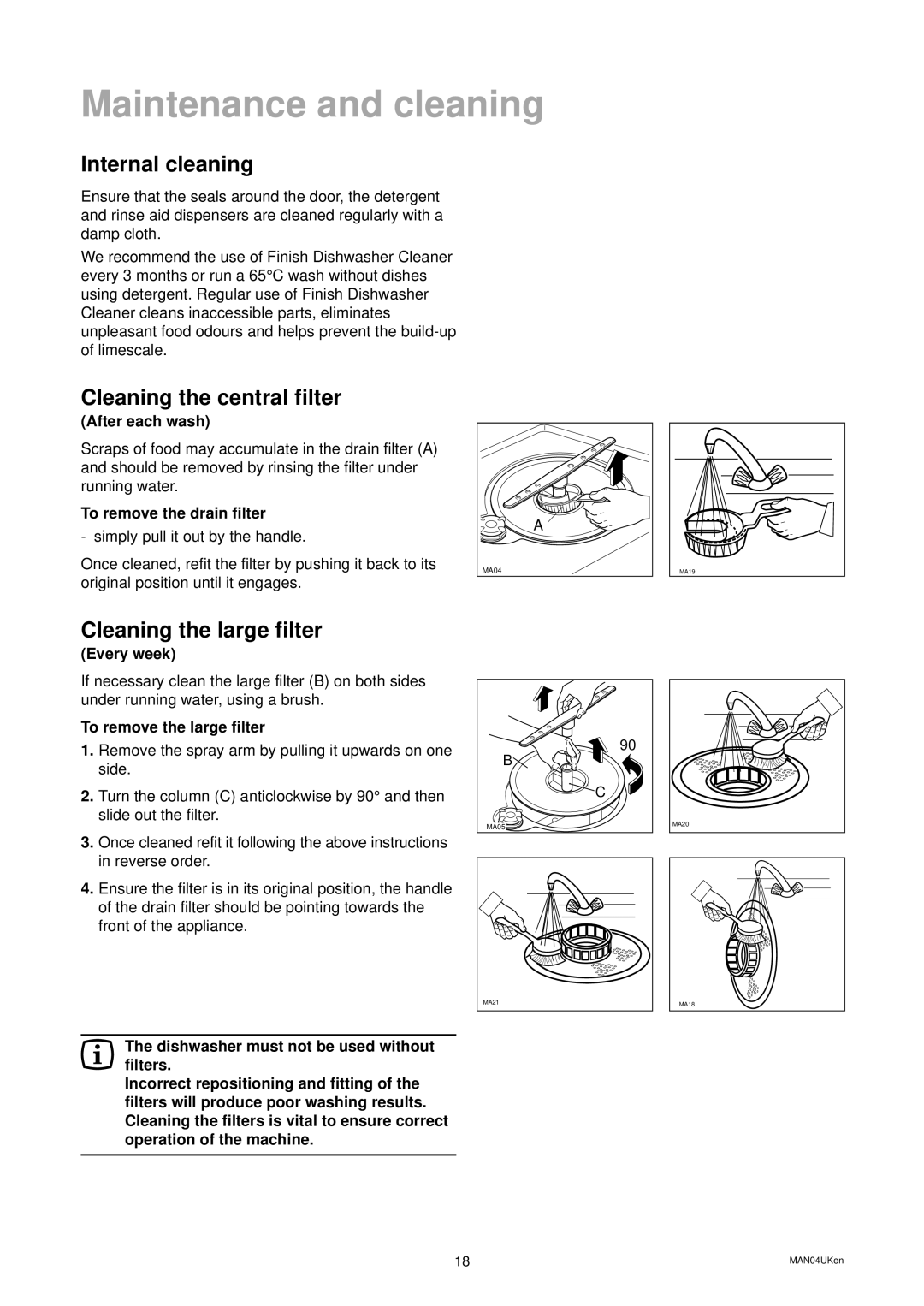 Zanussi ZD 699 ALU manual Internal cleaning, Cleaning the central filter, Cleaning the large filter 