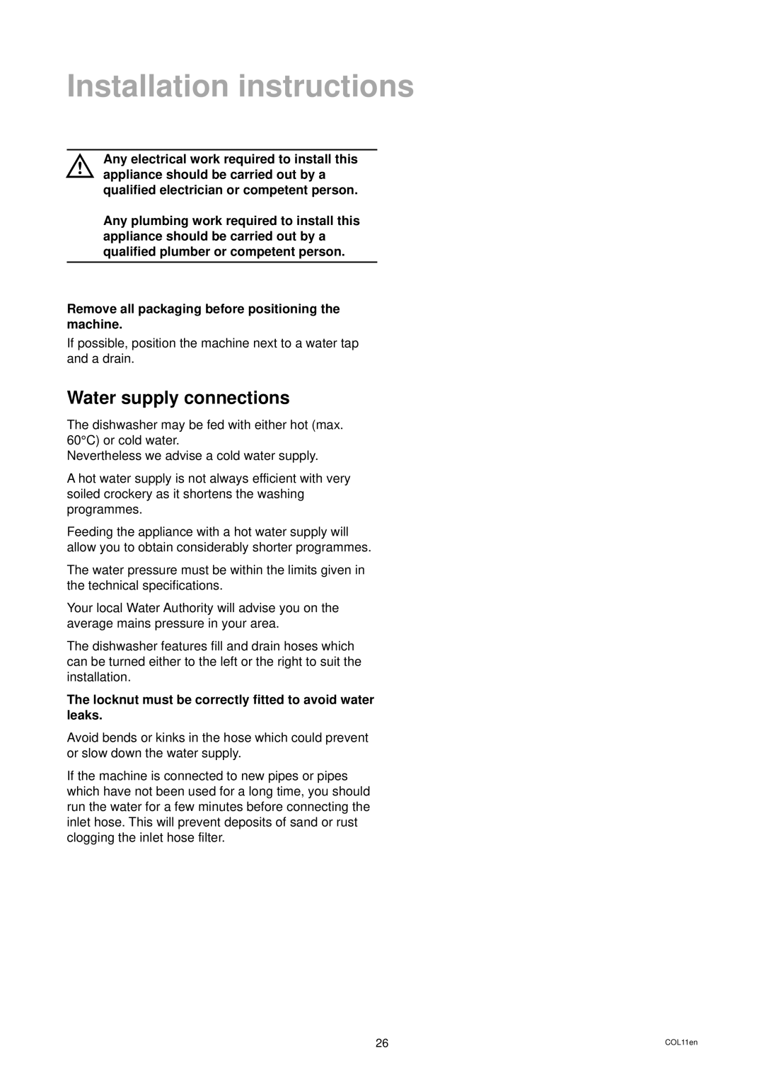 Zanussi ZD 699 ALU manual Installation instructions, Water supply connections, Nevertheless we advise a cold water supply 