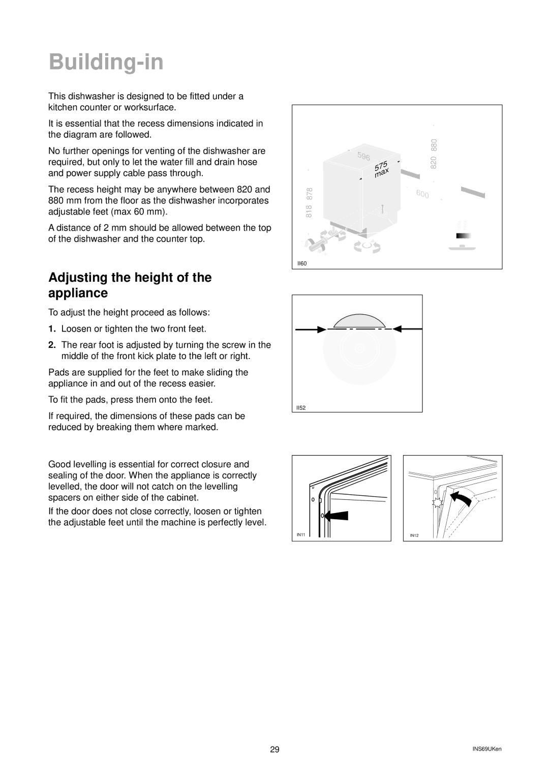 Zanussi ZD 699 ALU manual Building-in, To fit the pads, press them onto the feet 