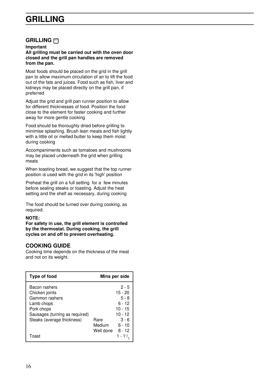 Zanussi ZDA 45 installation manual Grilling, Cooking Guide, Type of food Mins per side 