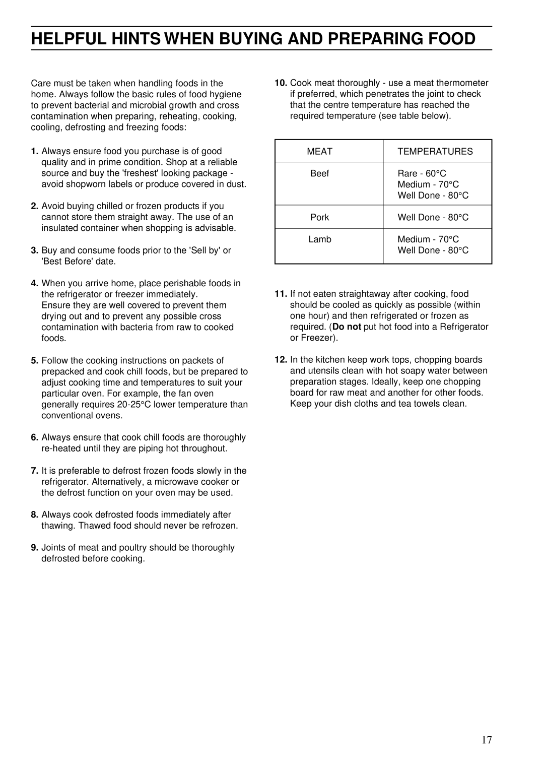 Zanussi ZDA 45 installation manual Helpful Hints When Buying and Preparing Food, Meat Temperatures 