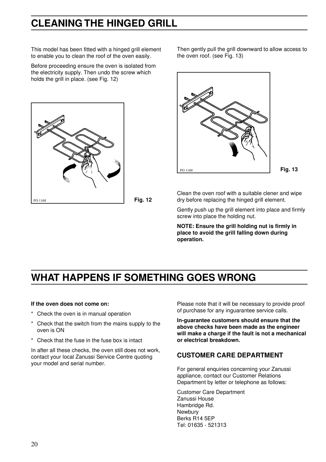 Zanussi ZDA 45 Cleaning the Hinged Grill, What Happens if Something Goes Wrong, Customer Care Department 