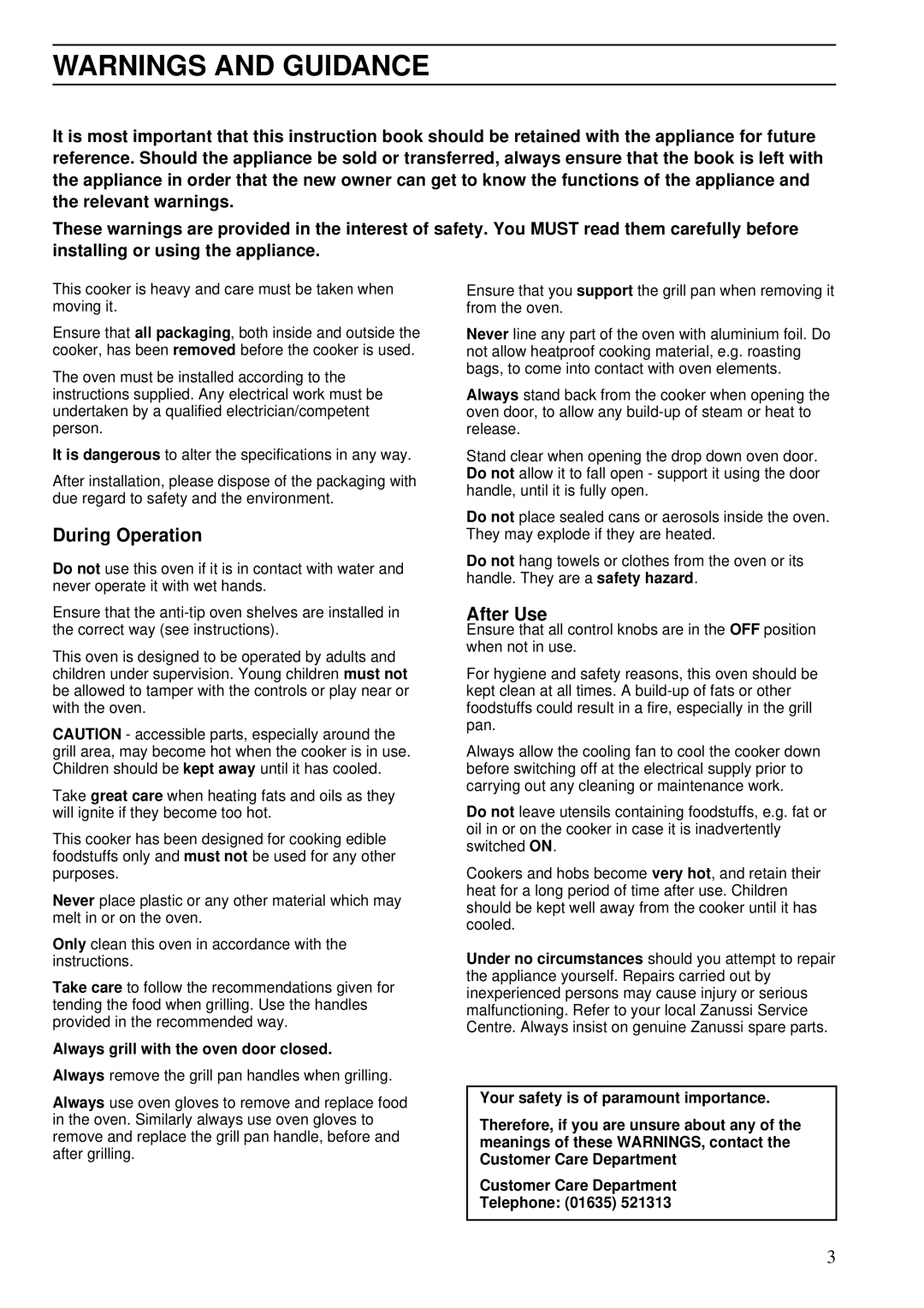 Zanussi ZDA 45 installation manual During Operation, After Use, Always grill with the oven door closed 