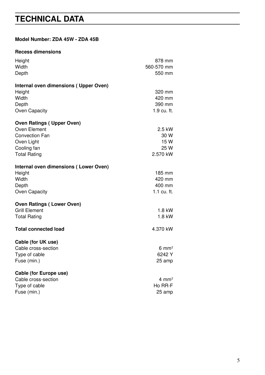 Zanussi ZDA 45 installation manual Technical Data 