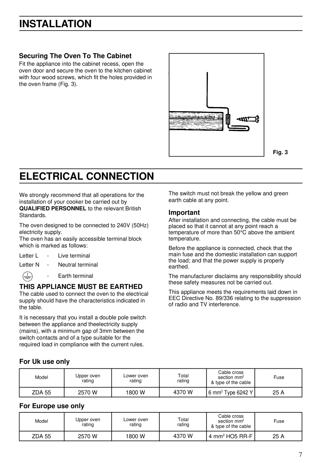 Zanussi ZDA 45 Electrical Connection, Securing The Oven To The Cabinet, This Appliance Must be Earthed, For Uk use only 