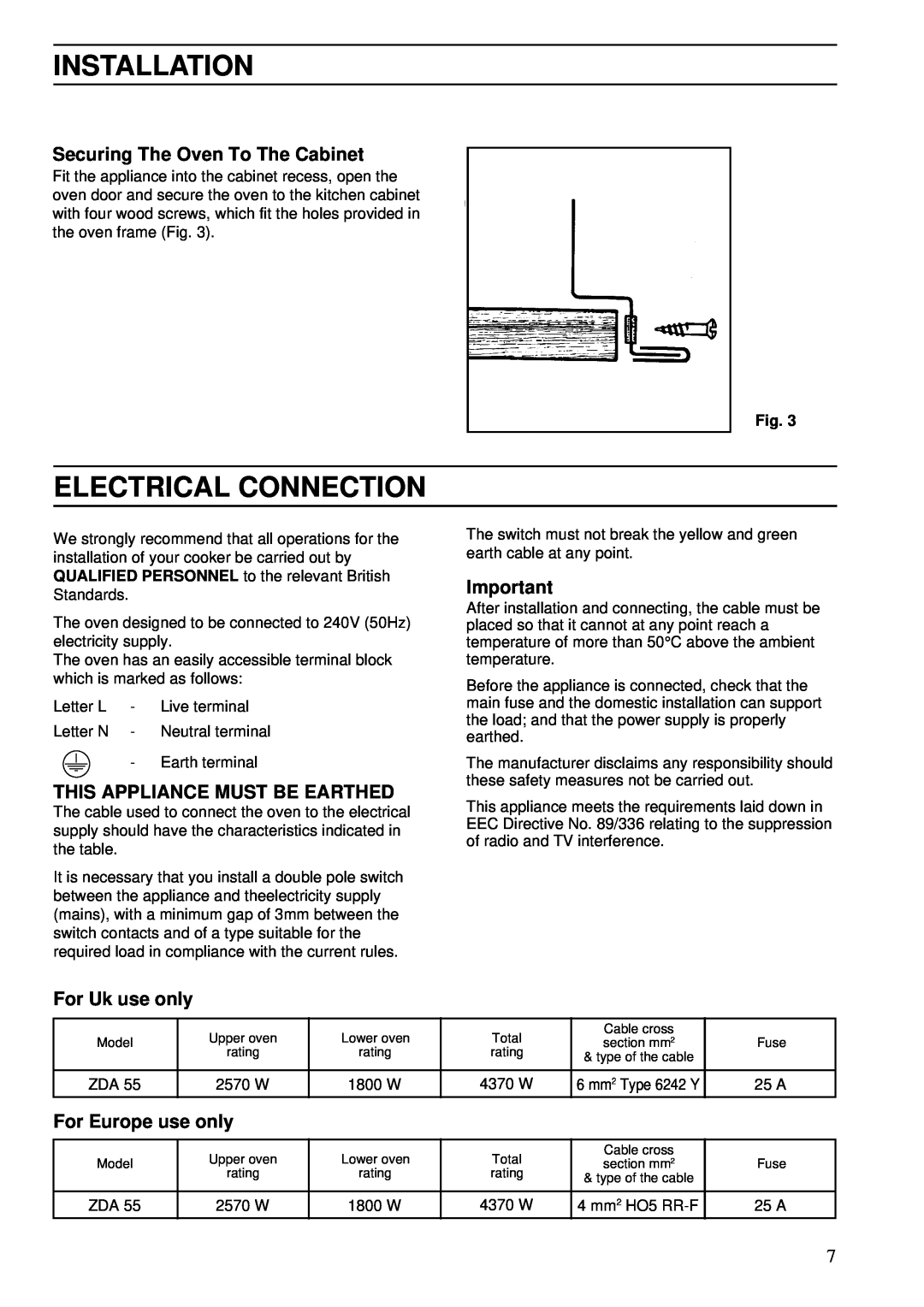 Zanussi ZDA 45 Electrical Connection, Installation, Securing The Oven To The Cabinet, This Appliance Must Be Earthed 