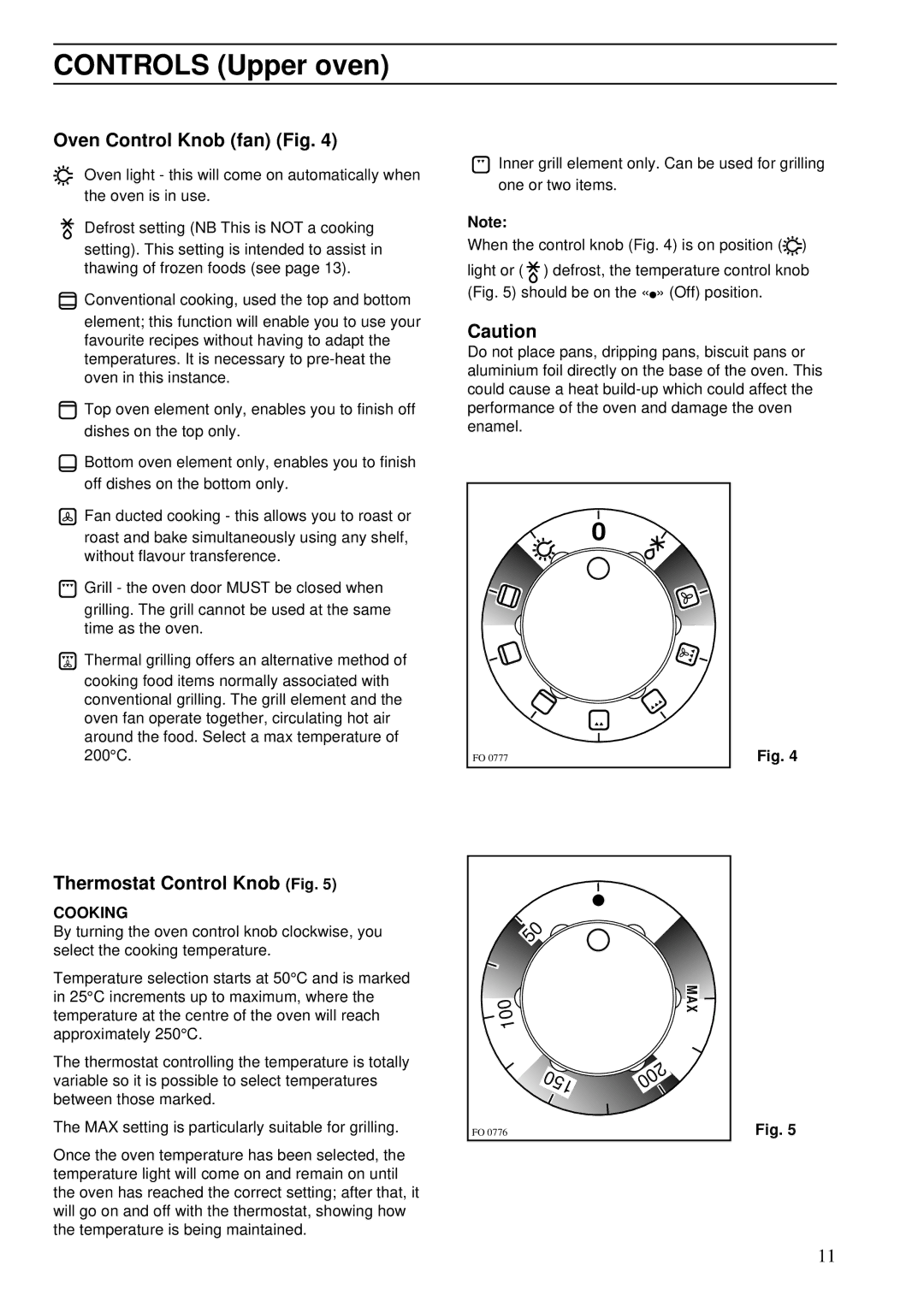 Zanussi ZDA 55 installation manual Oven Control Knob fan Fig, Thermostat Control Knob Fig, Cooking, 200 