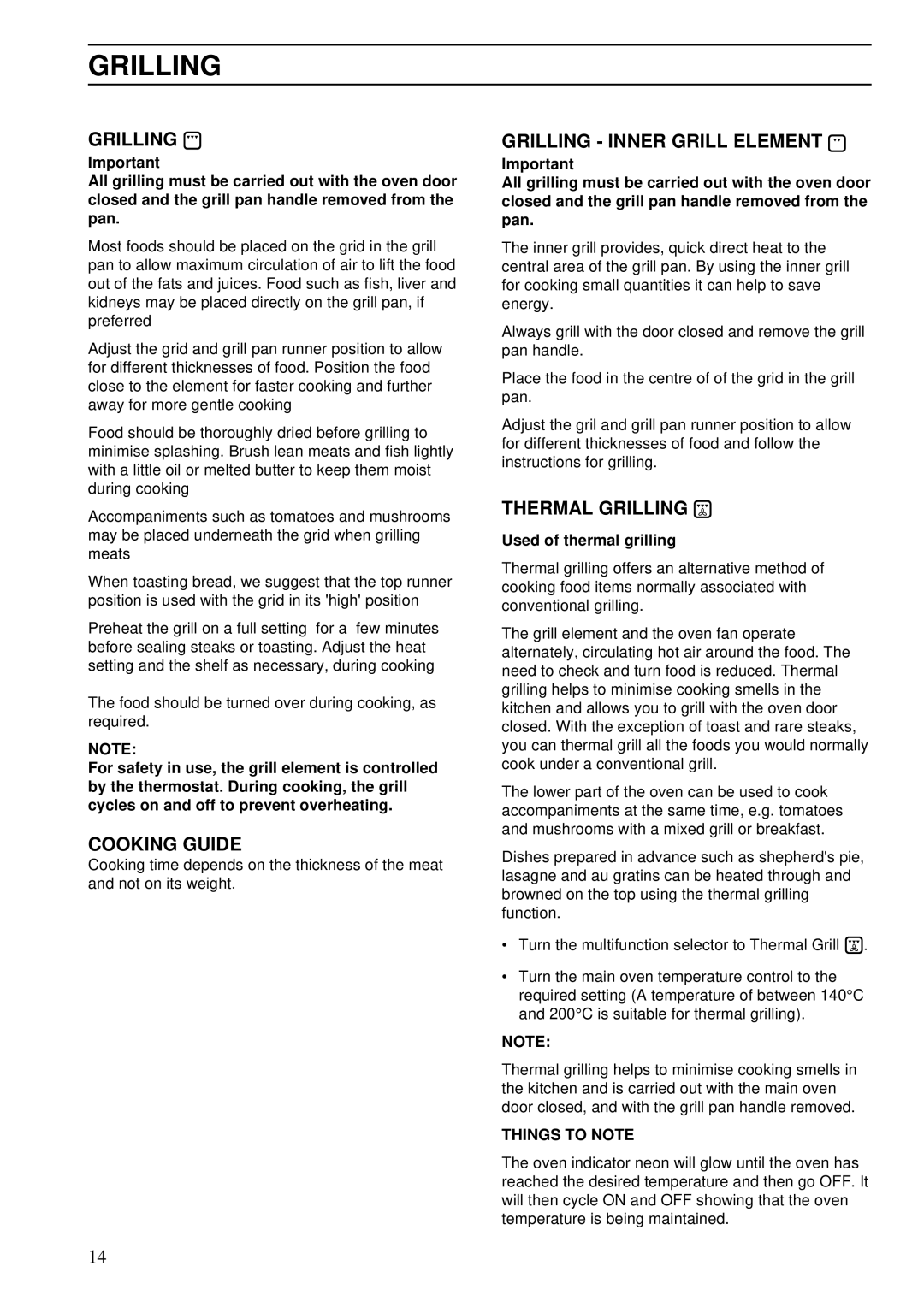 Zanussi ZDA 55 installation manual Cooking Guide, Grilling Inner Grill Element, Thermal Grilling 