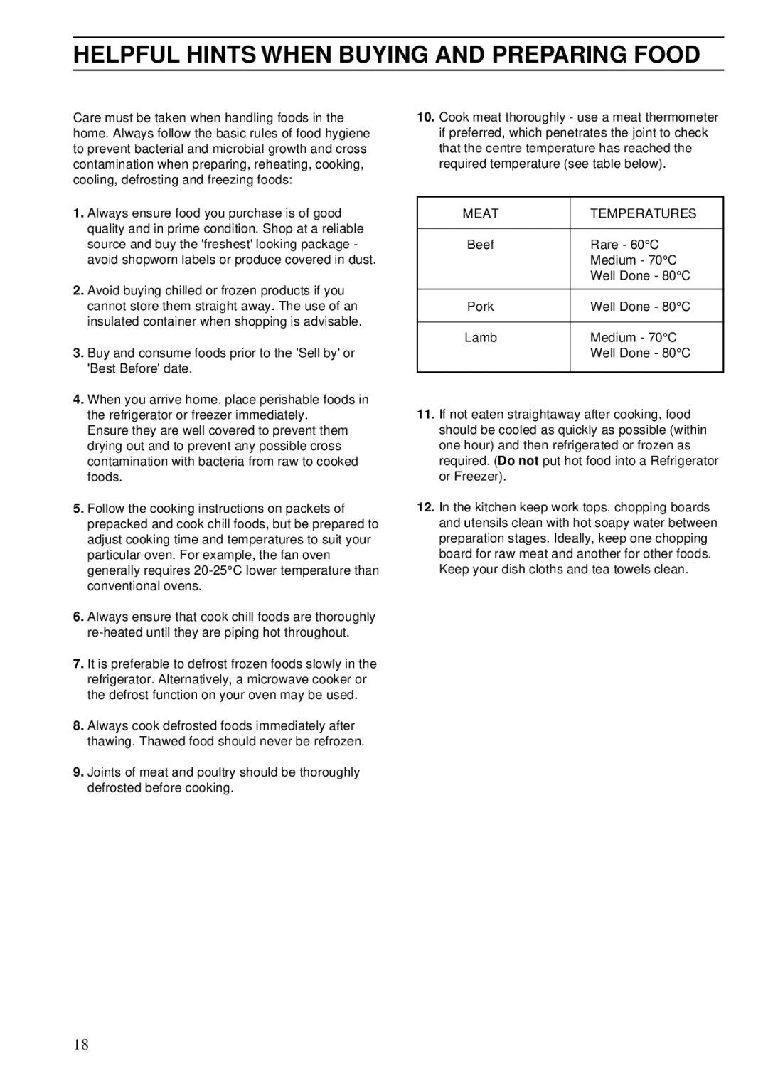 Zanussi ZDA 55 installation manual Helpful Hints When Buying and Preparing Food, Meat Temperatures 