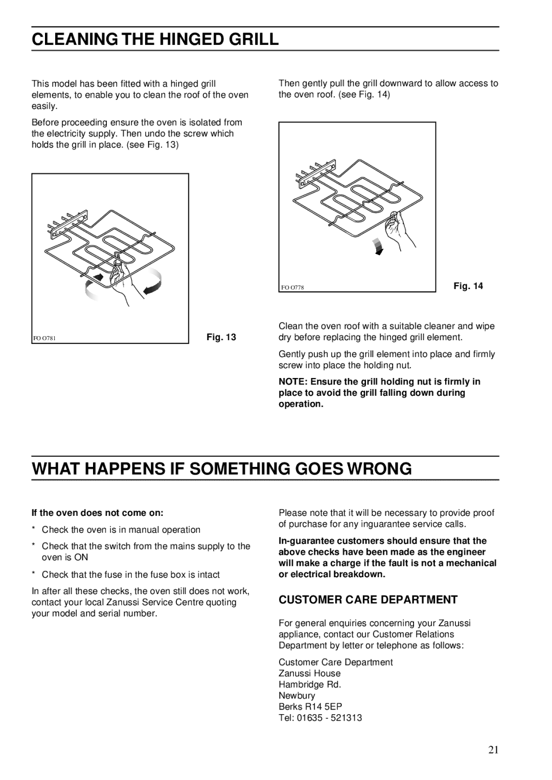 Zanussi ZDA 55 Cleaning the Hinged Grill, What Happens if Something Goes Wrong, Customer Care Department 