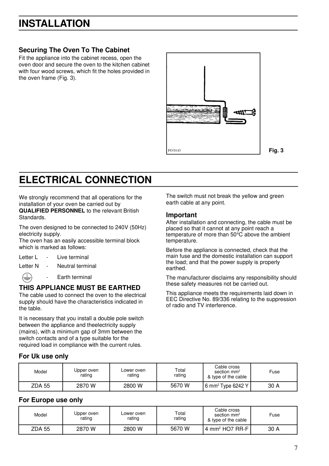 Zanussi ZDA 55 Electrical Connection, Securing The Oven To The Cabinet, This Appliance Must be Earthed, For Uk use only 