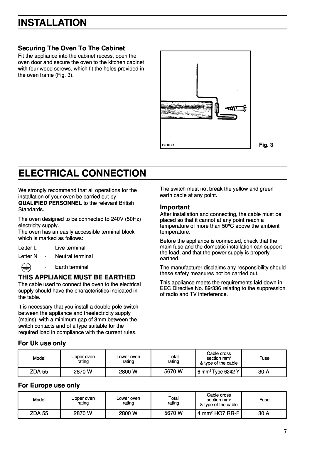 Zanussi ZDA 55 Electrical Connection, Installation, Securing The Oven To The Cabinet, This Appliance Must Be Earthed 