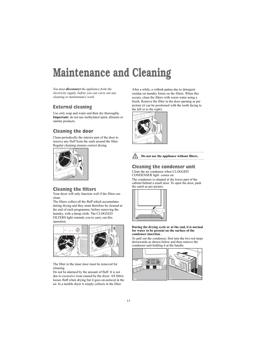 Zanussi ZDB 5377 W manual Maintenance and Cleaning, External cleaning, Cleaning the door, Cleaning the filters 