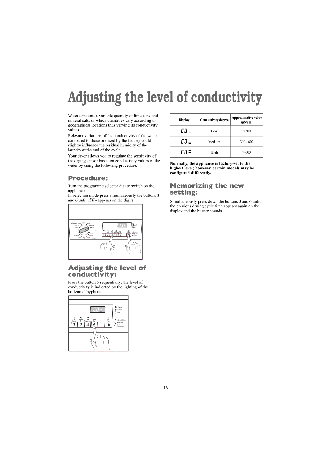 Zanussi ZDB 5377 W manual Procedure, Memorizing the new setting, Adjusting the level of conductivity 