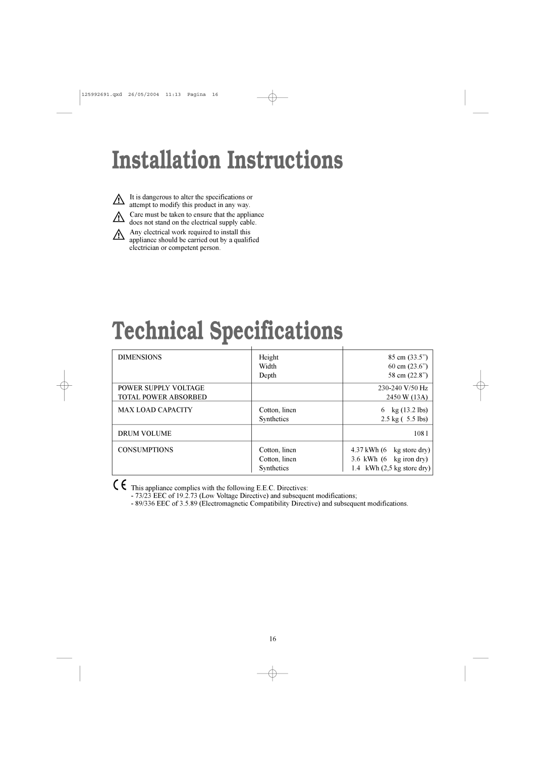 Zanussi ZDC 5350 W manual Installation Instructions, Technical Specifications 