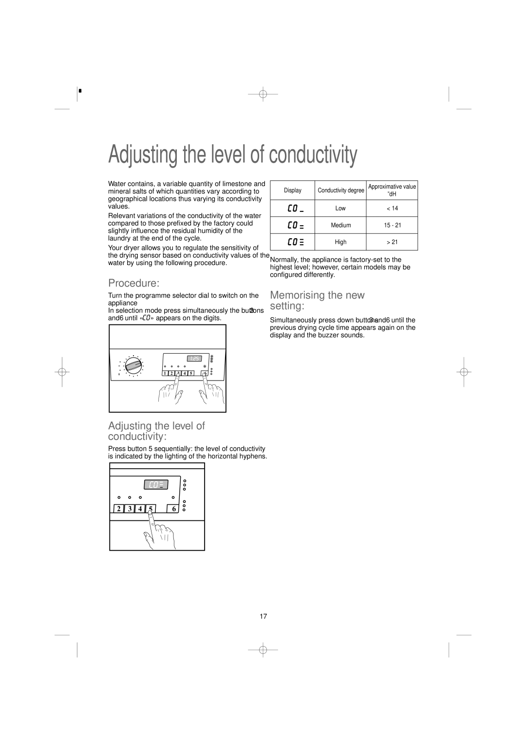 Zanussi ZDC 5350 W manual Adjusting the level of conductivity, Procedure, Memorising the new setting 