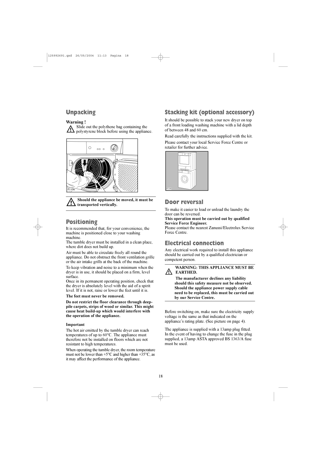 Zanussi ZDC 5350 W manual Unpacking, Positioning, Stacking kit optional accessory, Door reversal, Electrical connection 