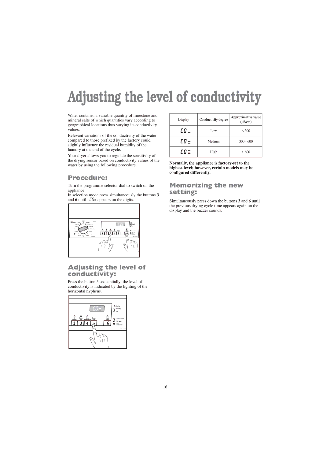 Zanussi ZDC 5370 W manual Procedure, Memorizing the new setting, Adjusting the level of conductivity 