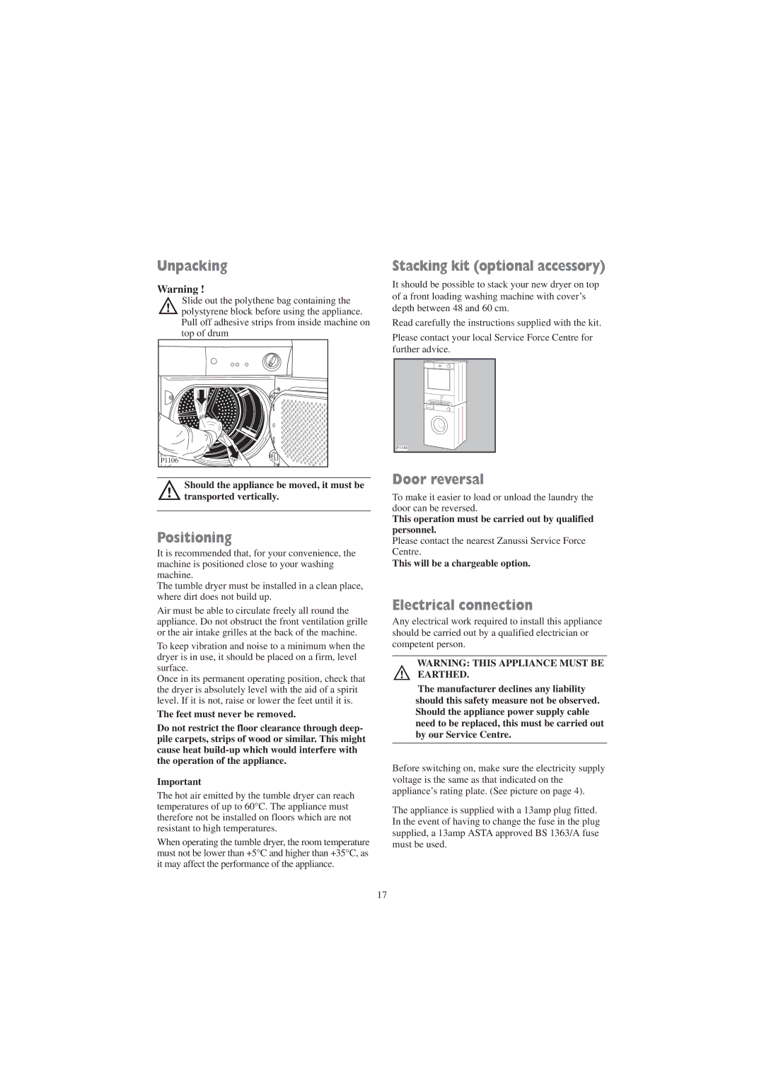 Zanussi ZDC 5370 W manual Unpacking, Positioning, Stacking kit optional accessory, Door reversal, Electrical connection 