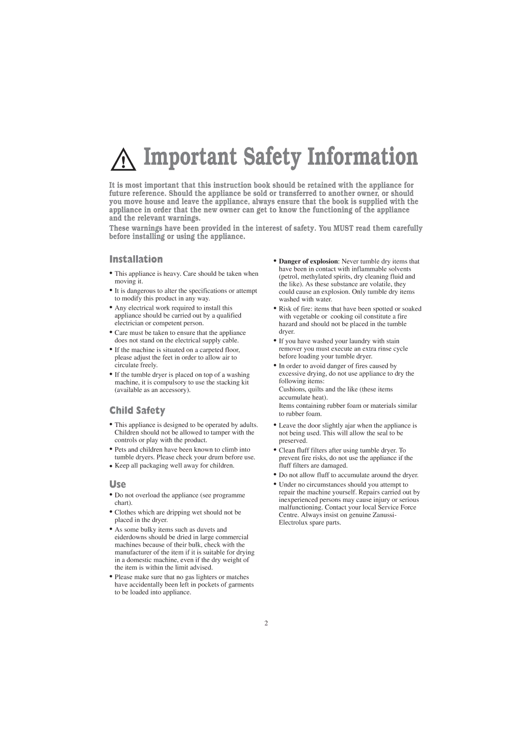 Zanussi ZDC 5375 W manual Installation, Child Safety, Use 