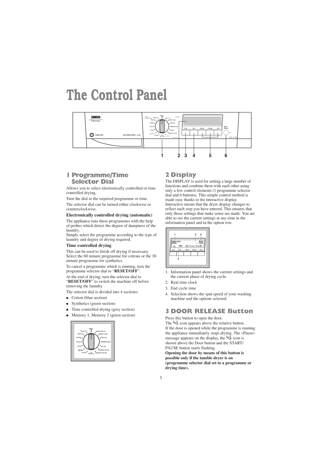 Zanussi ZDC 5375 W manual Control Panel, Programme/Time Selector Dial, Display, Door Release Button 