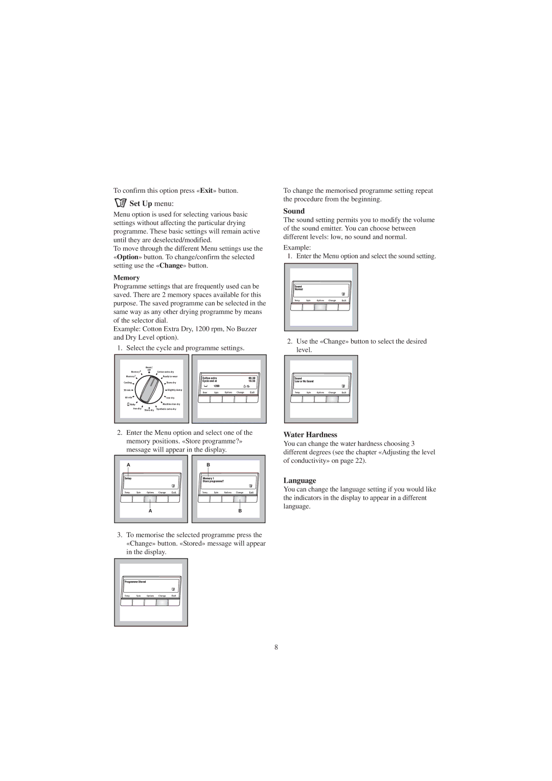 Zanussi ZDC 5375 W manual Set Up menu, Sound, Water Hardness, Language, Memory 