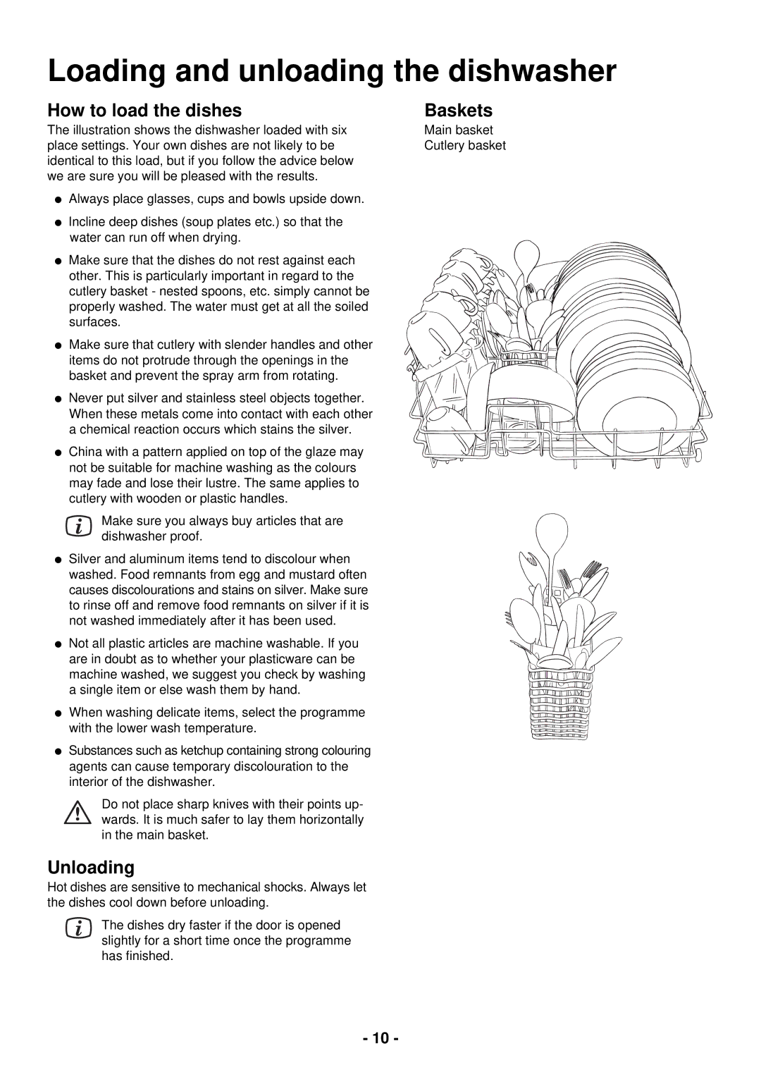 Zanussi ZDC 5465 manual Loading and unloading the dishwasher, How to load the dishes Baskets, Unloading 