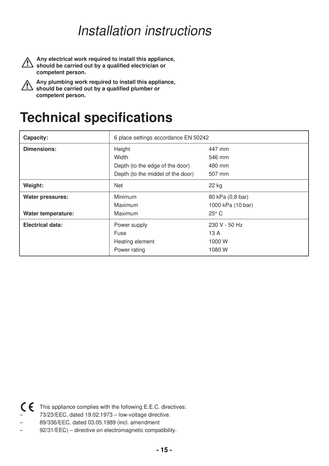 Zanussi ZDC 5465 manual Technical speciﬁcations 