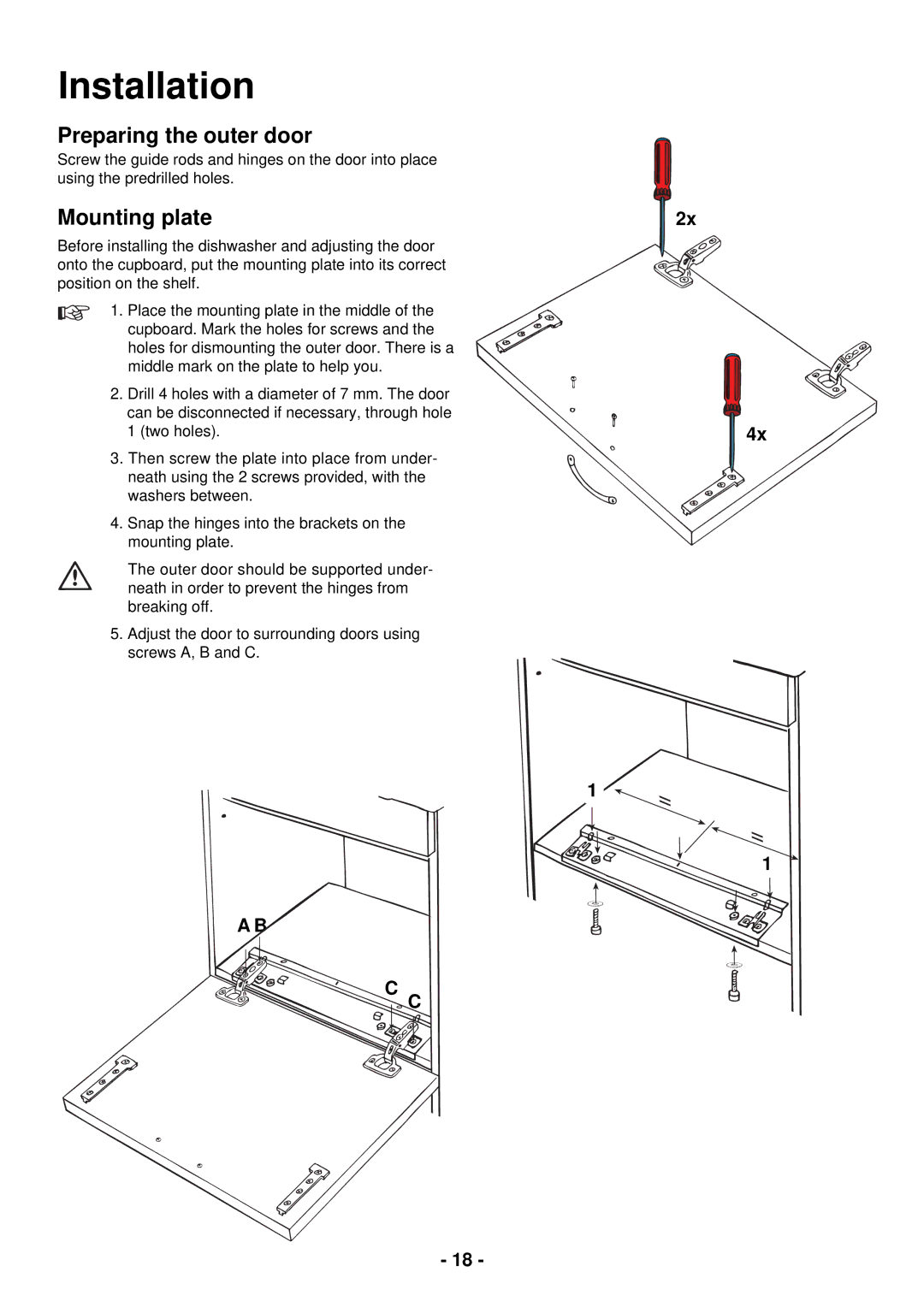 Zanussi ZDC 5465 manual Preparing the outer door, Mounting plate 