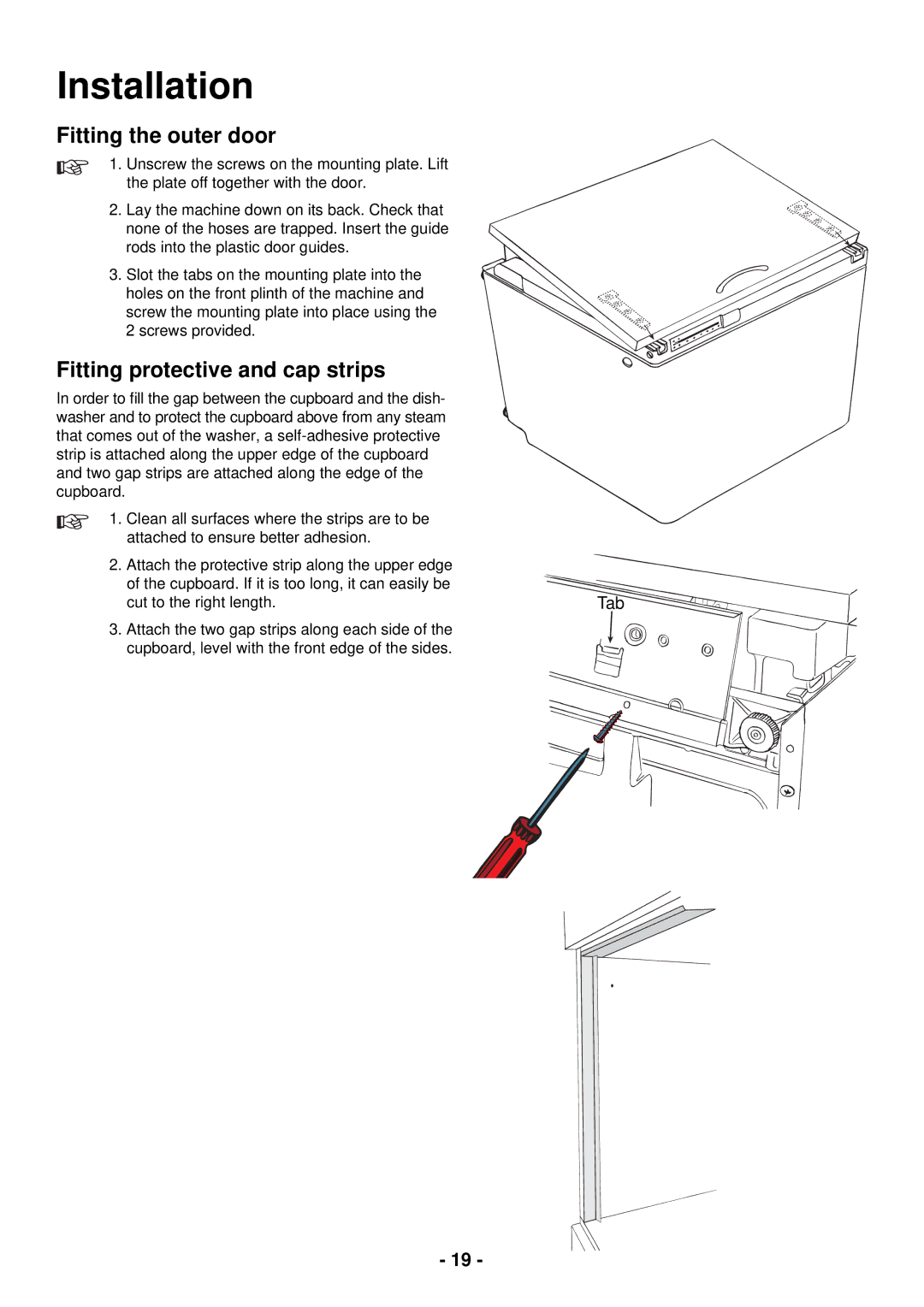 Zanussi ZDC 5465 manual Fitting the outer door, Fitting protective and cap strips 