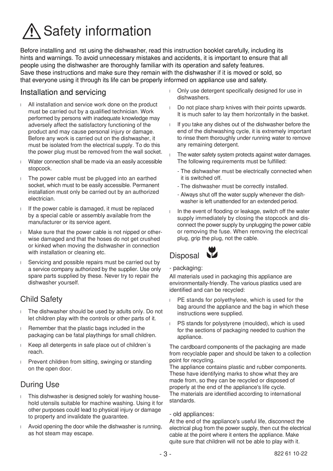 Zanussi ZDC 5465 manual Safety information, Installation and servicing, Child Safety, During Use, Disposal 