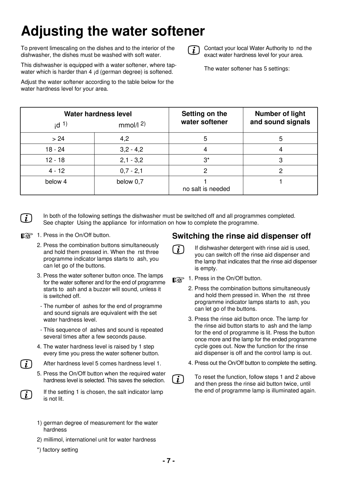 Zanussi ZDC 5465 manual Adjusting the water softener, Switching the rinse aid dispenser off 