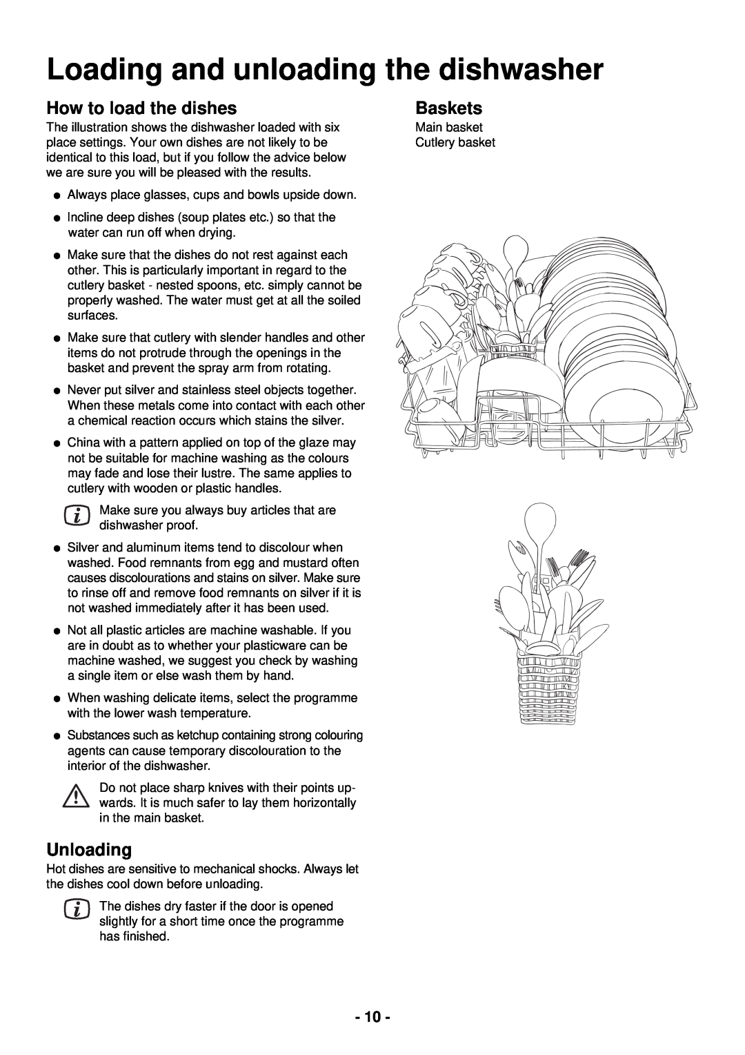 Zanussi ZDC 5465 manual Loading and unloading the dishwasher, How to load the dishes, Baskets, Unloading 