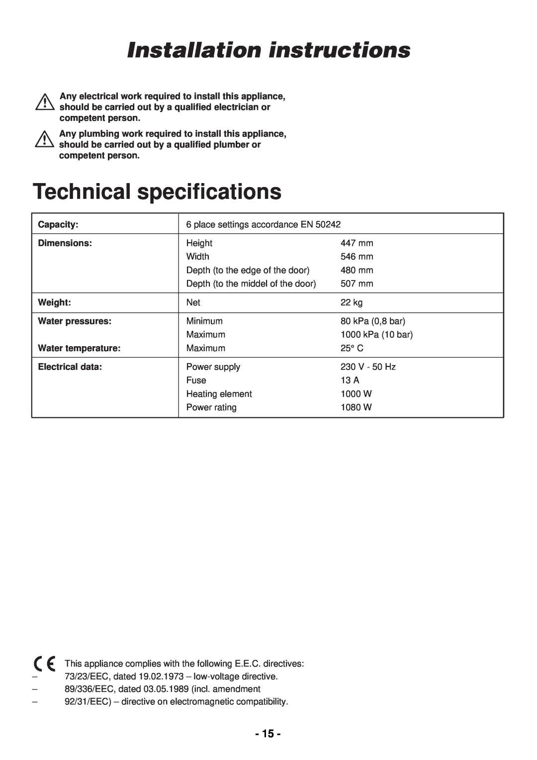 Zanussi ZDC 5465 manual Technical speciﬁcations, Installation instructions 