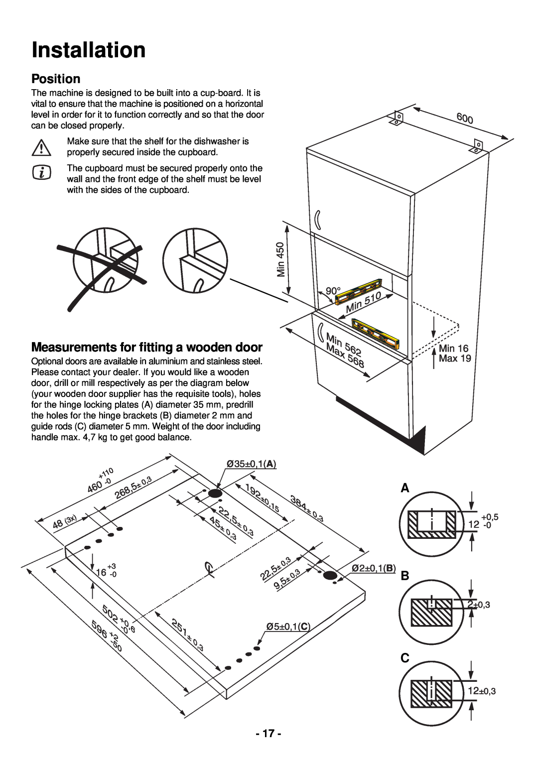 Zanussi ZDC 5465 manual Installation, Position, Measurements for ﬁtting a wooden door, A B C 