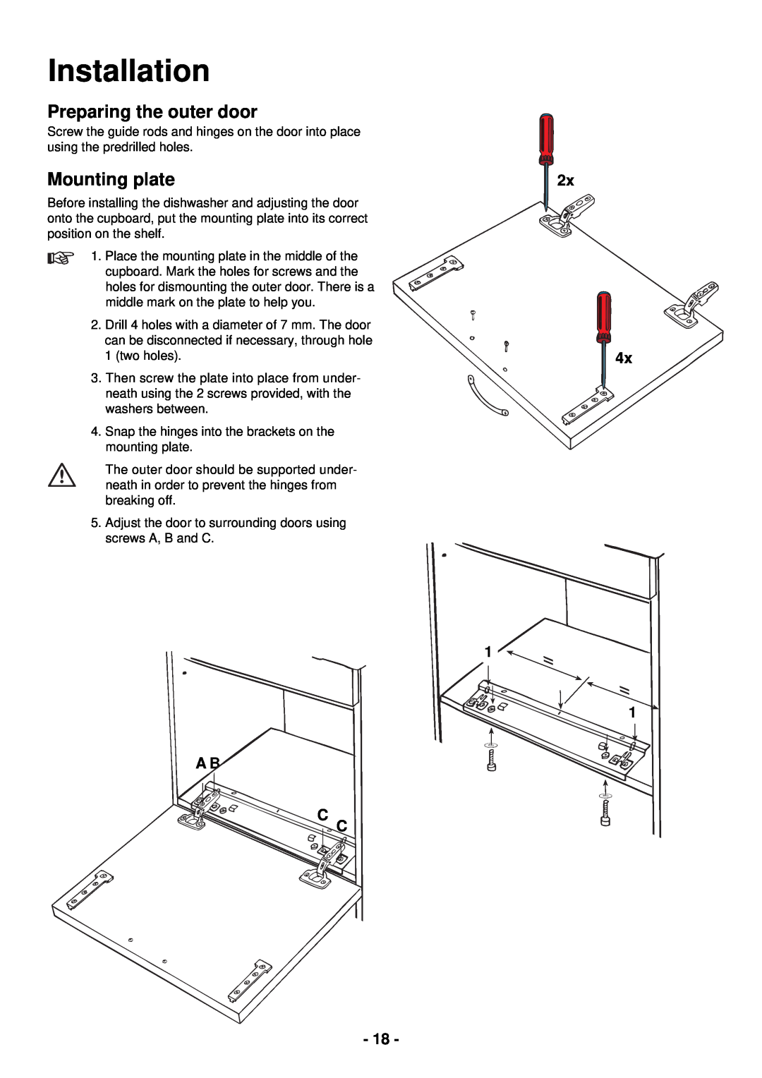 Zanussi ZDC 5465 manual Preparing the outer door, Mounting plate, 2x 4x, A B C, 1 1 C, Installation 