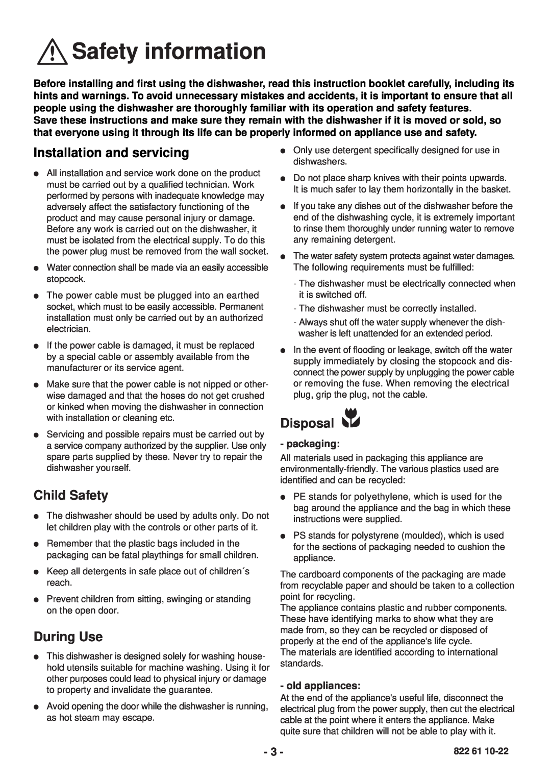 Zanussi ZDC 5465 manual Safety information, Installation and servicing, Child Safety, During Use, Disposal 