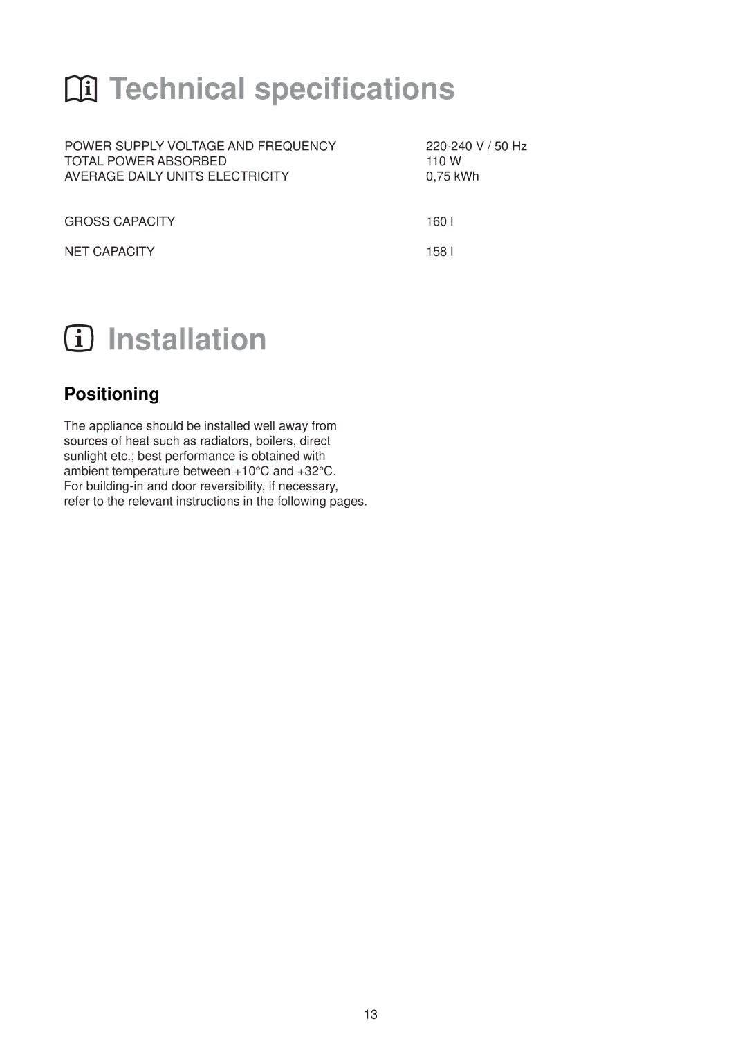 Zanussi ZI 7165, ZDC 57 L manual Technical specifications, Installation, Positioning 