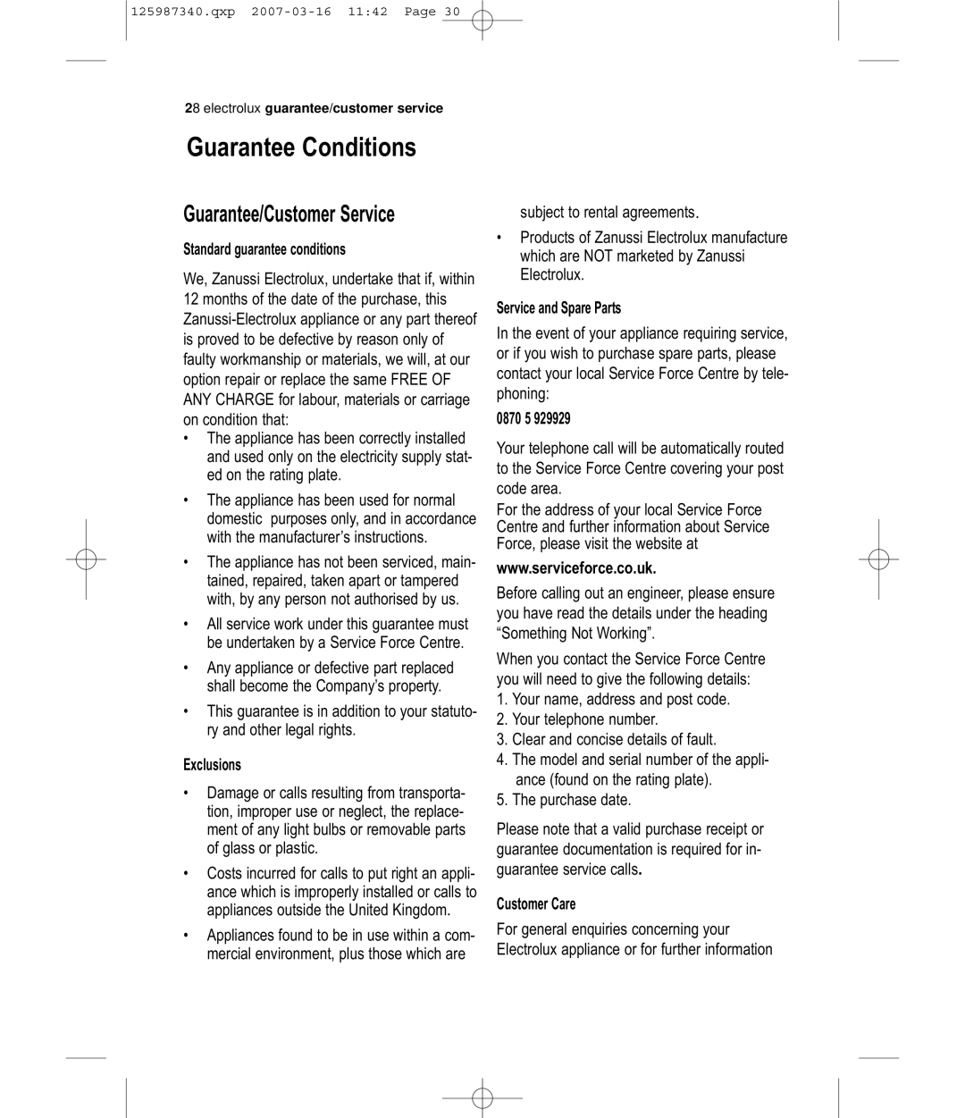 Zanussi ZDC 67550W user manual Standard guarantee conditions, Exclusions, Service and Spare Parts, 0870 5, Customer Care 