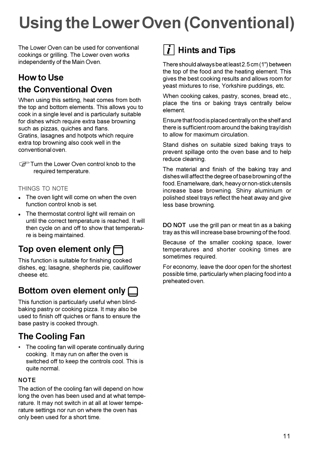 Zanussi ZDC 888 Using the Lower Oven Conventional, How to Use Conventional Oven, Top oven element only, Hints and Tips 