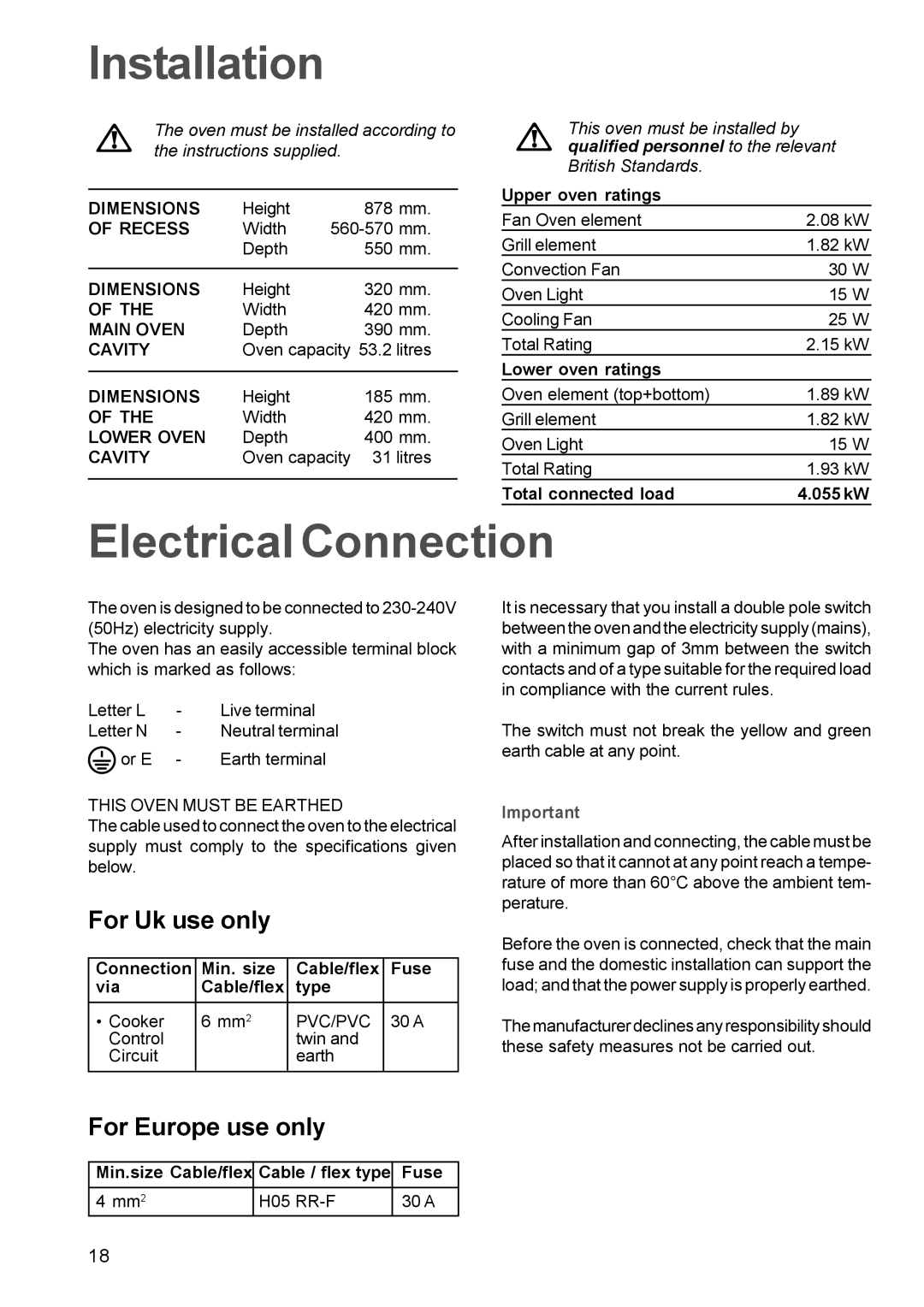 Zanussi ZDC 888 manual Installation, Electrical Connection, For Uk use only, For Europe use only 