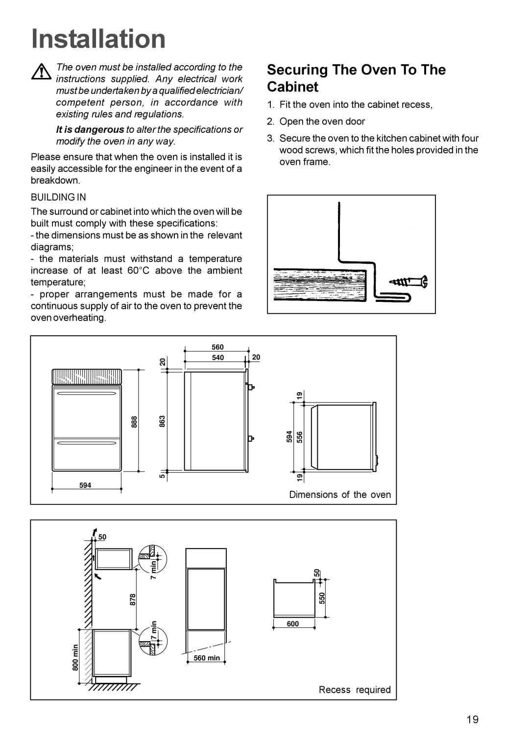 Zanussi ZDC 888 manual Securing The Oven To The Cabinet, Building 